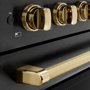 ZLINE Autograph Edition 36 in. 5.2 cu. ft. Paramount Induction Range with 5 Element Cooktop and Electric Convection Oven in Black Stainless Steel with Polished Gold Helix Handle and Knob Accents (SINRBZ-36-KG) close-up, cooktop and oven knobs.
