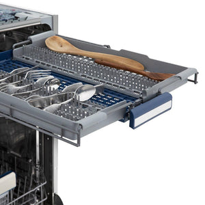 ZLINE 24 in. Tallac Series 3rd Rack Dishwasher with Black Stainless Steel Panel and Traditional Handle, 51dBa (DWV-BS-24) close-up, utensils on third rack.