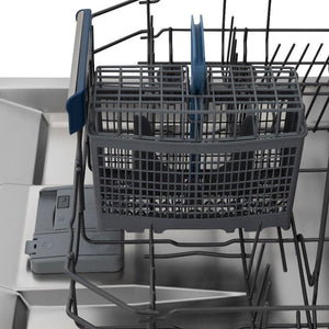 ZLINE 24 in. Tallac Series 3rd Rack Dishwasher with Black Stainless Steel Panel and Traditional Handle, 51dBa (DWV-BS-24) close-up, utensil holder on bottom rack.