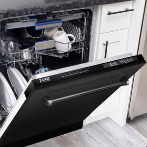 ZLINE 24 in. Tallac Series 3rd Rack Dishwasher with Black Stainless Steel Panel and Traditional Handle, 51dBa (DWV-BS-24) close-up, half open, with dishes on dish racks, in a luxury kitchen.