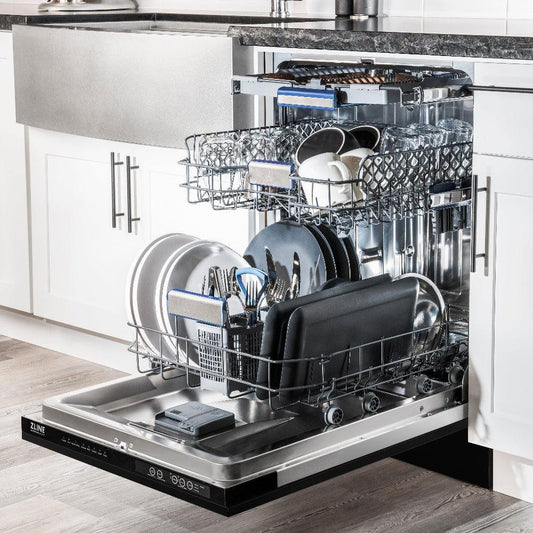 ZLINE 24 in. Tallac Series 3rd Rack Dishwasher with Black Stainless Steel Panel and Traditional Handle, 51dBa (DWV-BS-24) side, open, in a luxury kitchen with dishes loaded on racks.