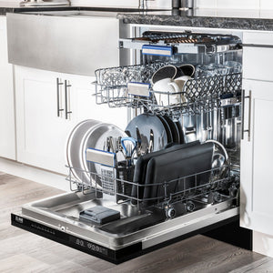 ZLINE 24 in. Tallac Series 3rd Rack Dishwasher with Black Stainless Steel Panel and Traditional Handle, 51dBa (DWV-BS-24) in a luxury kitchen.