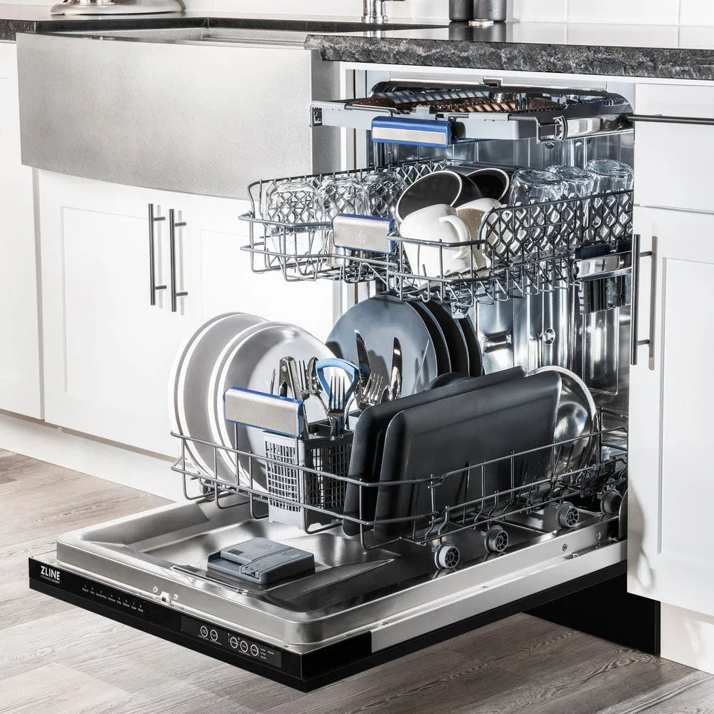 ZLINE 24 in. Tallac Series 3rd Rack Dishwasher with Black Stainless Steel Panel and Traditional Handle, 51dBa (DWV-BS-24) in a luxury kitchen.