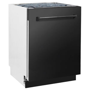 ZLINE 24 in. Tallac Series 3rd Rack Dishwasher with Black Stainless Steel Panel and Traditional Handle, 51dBa (DWV-BS-24) side, closed.