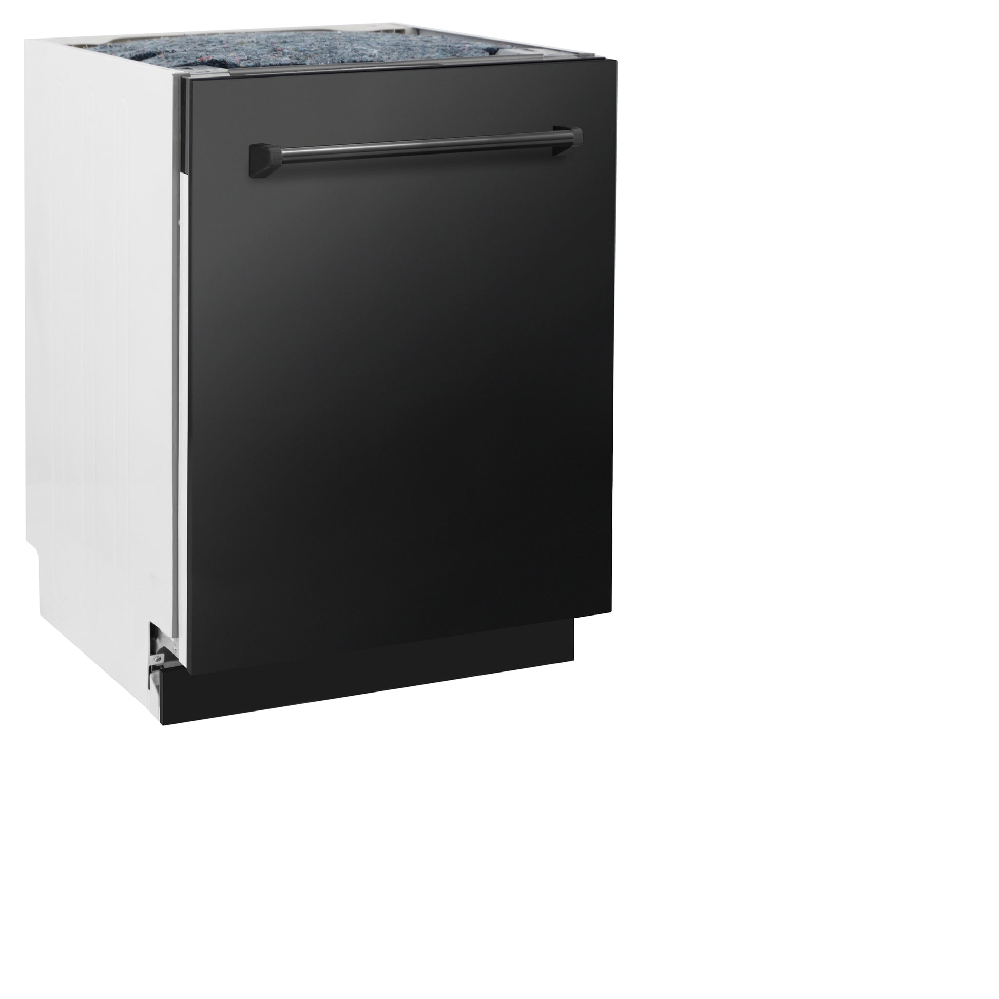 ZLINE 24 in. Tallac Series 3rd Rack Dishwasher with Black Stainless Steel Panel and Traditional Handle, 51dBa (DWV-BS-24) side, closed.