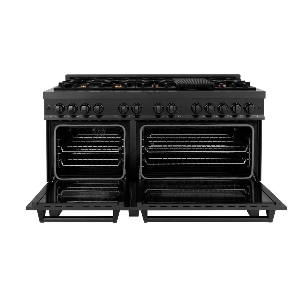 ZLINE 60 in. 7.4 cu. ft. Legacy Dual Fuel Range with 9 Burner Gas Cooktop and 2 Electric Convection Ovens in Black Stainless Steel (RAB-60) front, open.