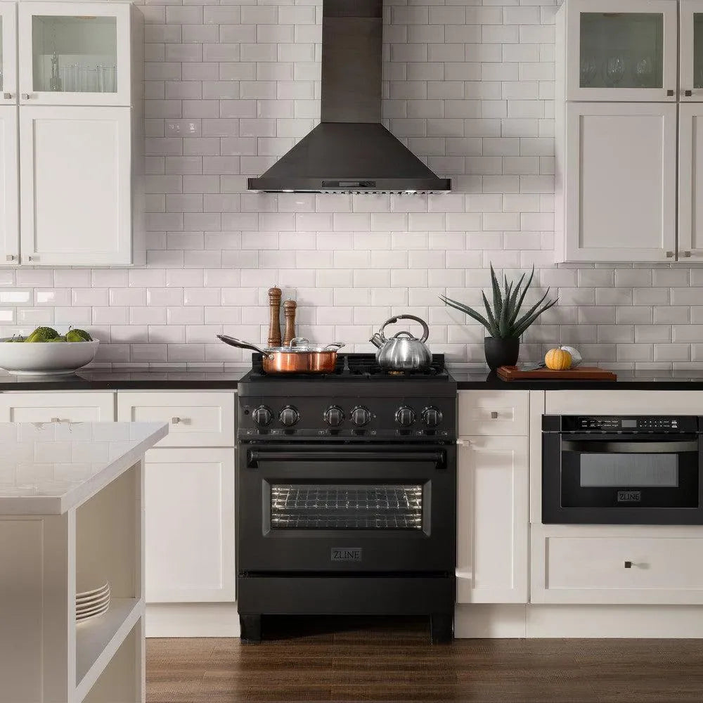 ZLINE 30 in. 4.0 cu. ft. Legacy Dual Fuel Range with Gas Cooktop and Electric Convection Oven in Black Stainless Steel with 4 Brass Burners (RAB-BR-30) in a luxury kitchen.