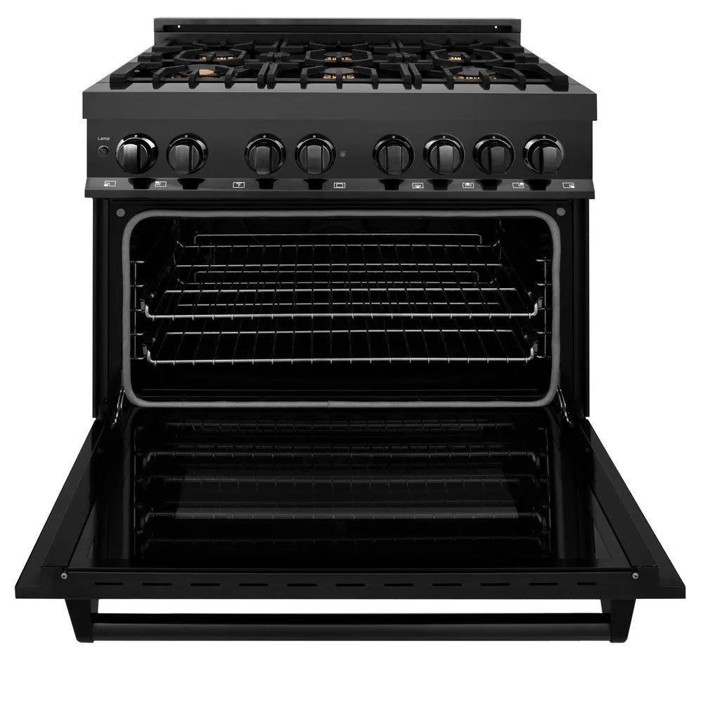 ZLINE Kitchen Package with Black Stainless Steel Refrigerator, 36 in. Dual Fuel Range, 36 in. Range Hood, Microwave Drawer, and 24 in. Tall Tub Dishwasher (5KPR-RABRH36-MWDWV) front, open.