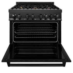 ZLINE Kitchen Package with Black Stainless Steel Refrigerator, 36 in. Dual Fuel Range, 36 in. Range Hood, Microwave Drawer, and 24 in. Tall Tub Dishwasher (5KPR-RABRH36-MWDWV) front, open.