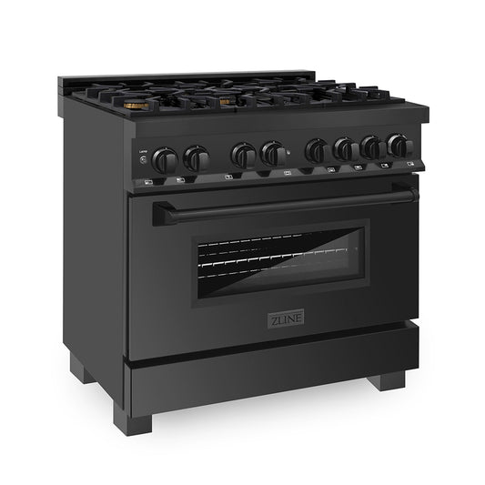 ZLINE 36 in. 4.6 cu. ft. Legacy Dual Fuel Range with Gas Cooktop and Electric Convection Oven in Black Stainless Steel with 6 Brass Burners (RAB-BR-36) main image.