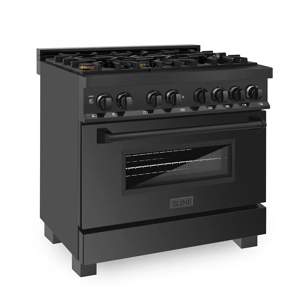 ZLINE 36 in. 4.6 cu. ft. Legacy Dual Fuel Range with Gas Cooktop and Electric Convection Oven in Black Stainless Steel with 6 Brass Burners (RAB-BR-36) main image.
