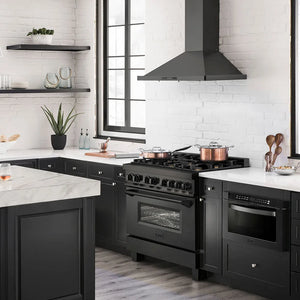 Modern kitchen with ZLINE 36 in. 4.6 cu. ft. Legacy Dual Fuel Range with Gas Cooktop and Electric Convection Oven in Black Stainless Steel with 6 Brass Burners (RAB-BR-36) and white countertops
