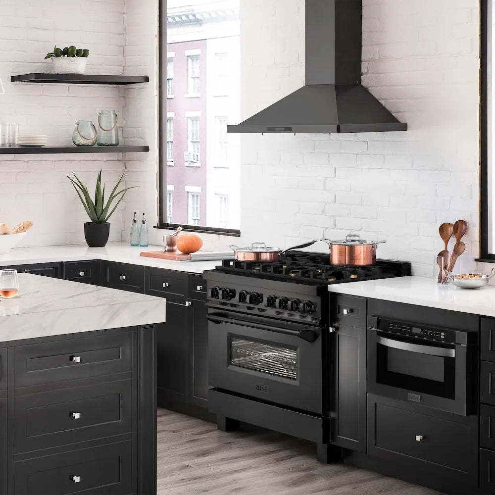 Modern kitchen with ZLINE 24 in. 1.2 cu. ft. Built-in Microwave Drawer in Black Stainless Steel (MWD-1-BS) and white countertops