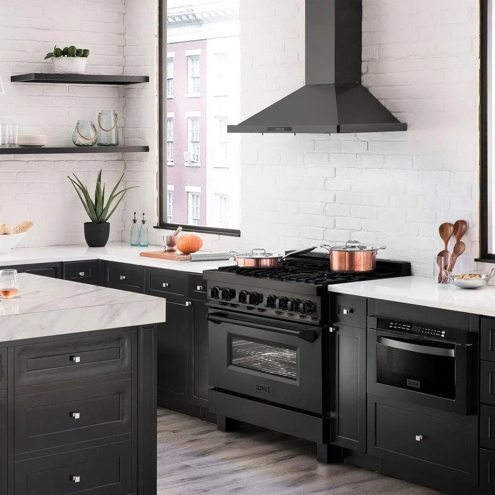 ZLINE 36 in. 4.6 cu. ft. Dual Fuel Range with Gas Stove and Electric Oven in Black Stainless Steel with Brass Burners (RAB-BR-36) side, in a modern apartment kitchen.