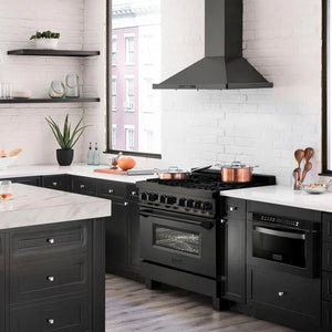 ZLINE 36 in. 4.6 cu. ft. Dual Fuel Range with Gas Stove and Electric Oven in Black Stainless Steel with Brass Burners (RAB-BR-36) side, in a modern apartment kitchen.