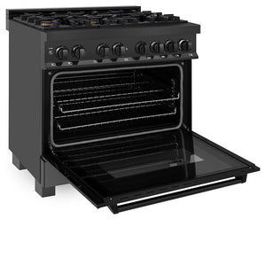 ZLINE 36 in. 4.6 cu. ft. Legacy Dual Fuel Range with Gas Cooktop and Electric Convection Oven in Black Stainless Steel with 6 Brass Burners (RAB-BR-36)