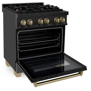 ZLINE Autograph Edition 30 in. 4.0 cu. ft. Legacy Dual Fuel Range with 4 Burner Gas Cooktop and Electric Convection Oven in Black Stainless Steel and Champagne Bronze Accents (RABZ-30-CB) side, oven open.