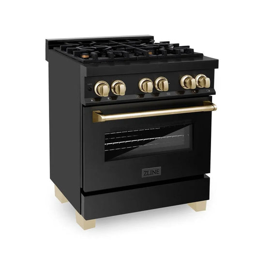 ZLINE Autograph Edition 30 in. 4.0 cu. ft. Legacy Dual Fuel Range with 4 Burner Gas Cooktop and Electric Convection Oven in Black Stainless Steel and Polished Gold Accents (RABZ-30-G) main image.