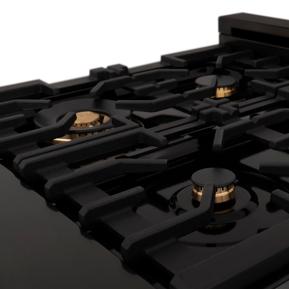 ZLINE Autograph Edition 36 in. 4.6 cu. ft. Legacy Dual Fuel Range with 6 Burner Gas Cooktop and Electric Convection Oven in Black Stainless Steel and Champagne Bronze Accents (RABZ-36-CB) close-up, brass burners.