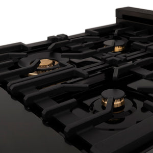 ZLINE Autograph Edition 36 in. 4.6 cu. ft. Legacy Dual Fuel Range with 6 Burner Gas Cooktop and Electric Convection Oven in Black Stainless Steel and Champagne Bronze Accents (RABZ-36-CB) close-up, brass burners.