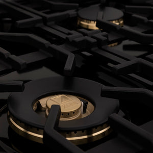 ZLINE Autograph Edition 36 in. 4.6 cu. ft. Legacy Dual Fuel Range with 6 Burner Gas Cooktop and Electric Convection Oven in Black Stainless Steel and Champagne Bronze Accents (RABZ-36-CB) close-up, brass burners.