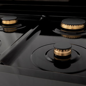 ZLINE Autograph Edition 36 in. 4.6 cu. ft. Legacy Dual Fuel Range with 6 Burner Gas Cooktop and Electric Convection Oven in Black Stainless Steel and Champagne Bronze Accents (RABZ-36-CB) close-up, brass burners.