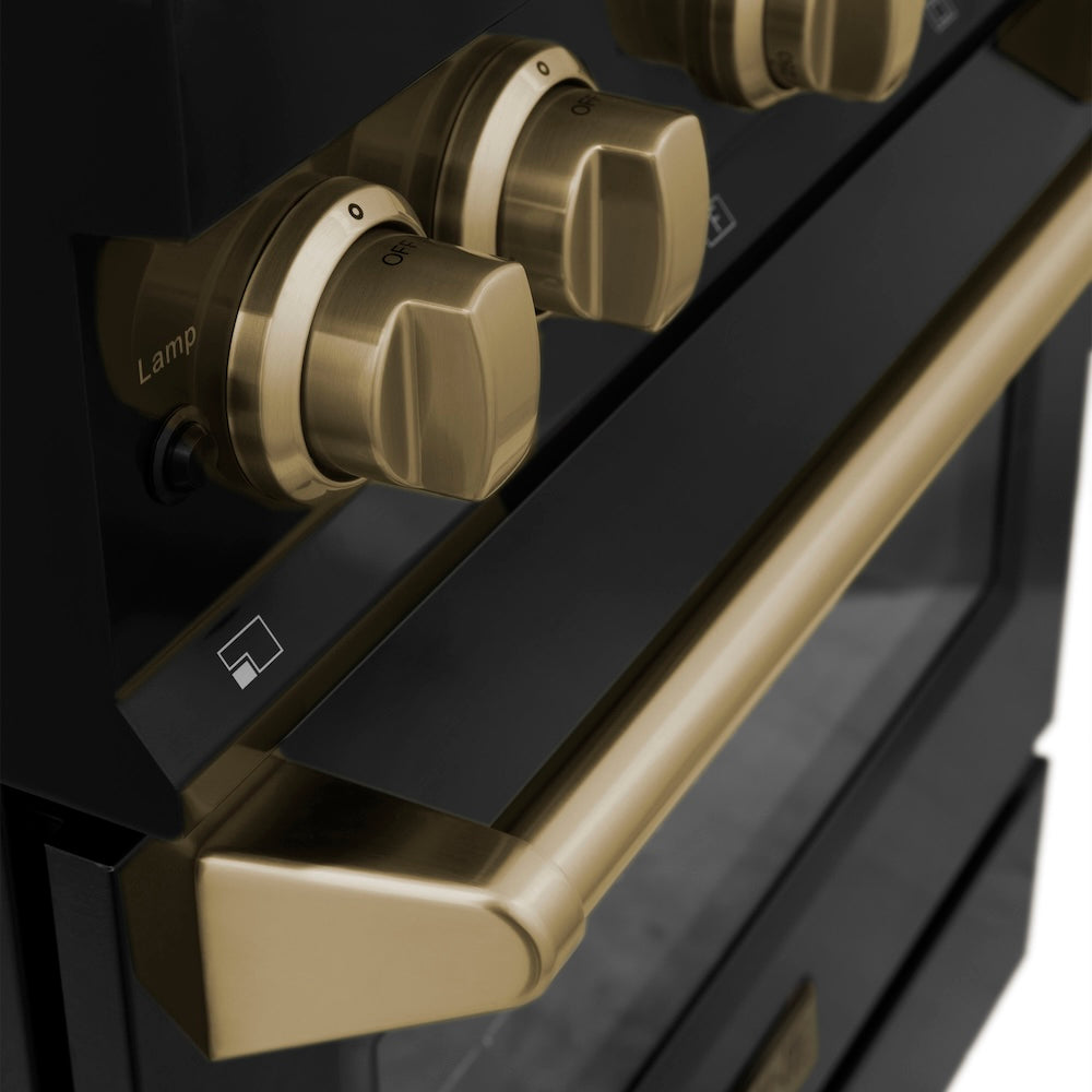 ZLINE Autograph Edition 36 in. 4.6 cu. ft. Legacy Dual Fuel Range with 6 Burner Gas Cooktop and Electric Convection Oven in Black Stainless Steel and Champagne Bronze Accents (RABZ-36-CB) close-up, knobs.