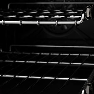 ZLINE Autograph Edition 36 in. 4.6 cu. ft. Legacy Dual Fuel Range with 6 Burner Gas Cooktop and Electric Convection Oven in Black Stainless Steel and Champagne Bronze Accents (RABZ-36-CB) oven racks inside oven, front.