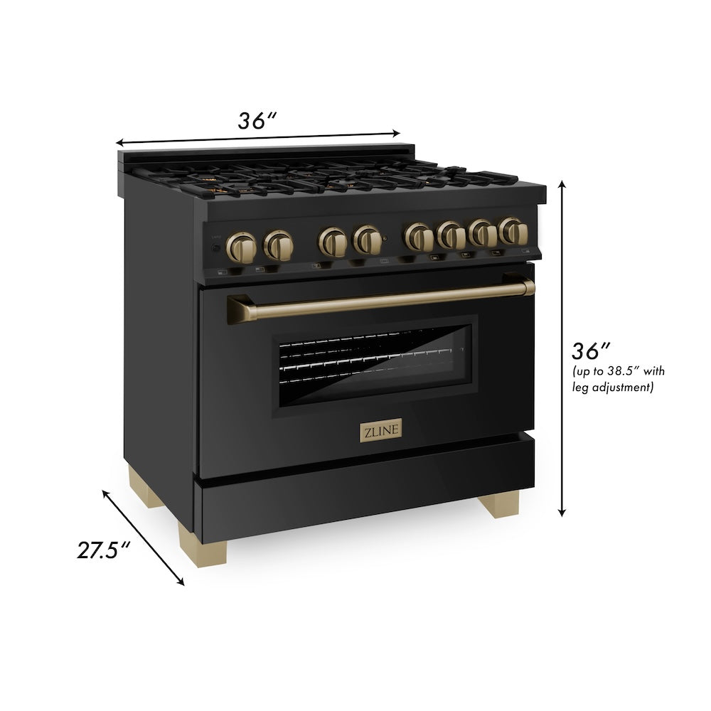 ZLINE Autograph Edition 36 in. 4.6 cu. ft. Legacy Dual Fuel Range with 6 Burner Gas Cooktop and Electric Convection Oven in Black Stainless Steel and Champagne Bronze Accents (RABZ-36-CB) dimensional diagram.