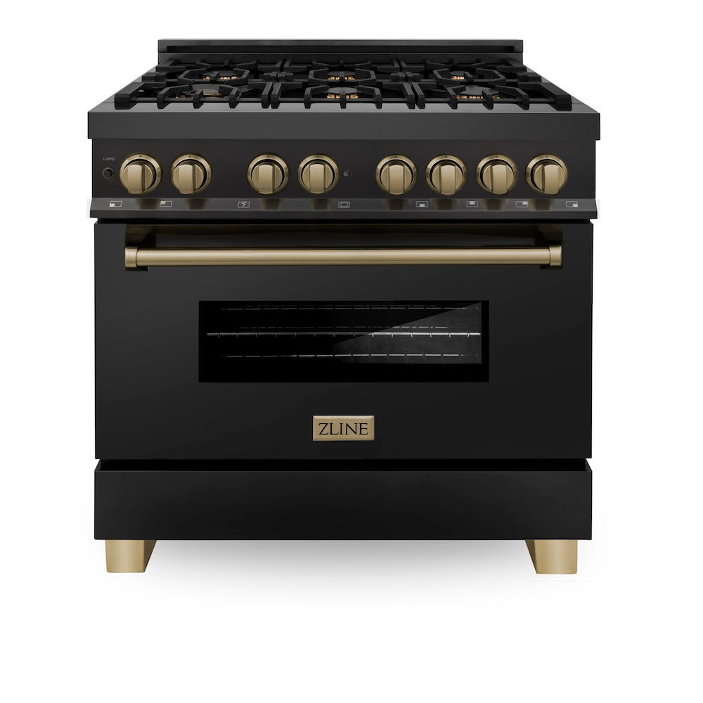 ZLINE Autograph Edition 36 in. 4.6 cu. ft. Legacy Dual Fuel Range with 6 Burner Gas Cooktop and Electric Convection Oven in Black Stainless Steel and Champagne Bronze Accents (RABZ-36-CB) front, oven closed.