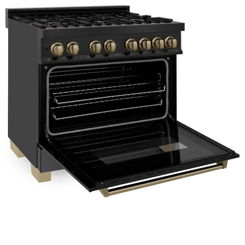 ZLINE Autograph Edition 36 in. 4.6 cu. ft. Legacy Dual Fuel Range with 6 Burner Gas Cooktop and Electric Convection Oven in Black Stainless Steel and Champagne Bronze Accents (RABZ-36-CB) side, oven open.