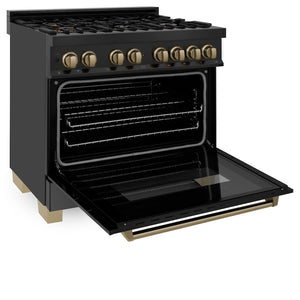 ZLINE Autograph Edition 36 in. 4.6 cu. ft. Legacy Dual Fuel Range with 6 Burner Gas Cooktop and Electric Convection Oven in Black Stainless Steel and Champagne Bronze Accents (RABZ-36-CB) side, oven open.