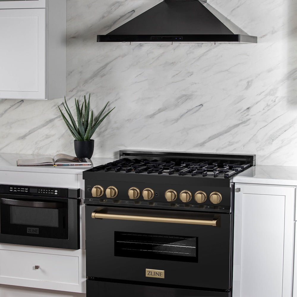 ZLINE Autograph Edition 36 in. 4.6 cu. ft. Legacy Dual Fuel Range with 6 Burner Gas Cooktop and Electric Convection Oven in Black Stainless Steel and Champagne Bronze Accents (RABZ-36-CB) side.