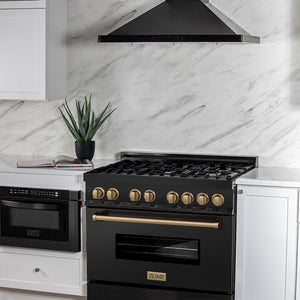 ZLINE Autograph Edition 36 in. 4.6 cu. ft. Legacy Dual Fuel Range with 6 Burner Gas Cooktop and Electric Convection Oven in Black Stainless Steel and Champagne Bronze Accents (RABZ-36-CB) side.