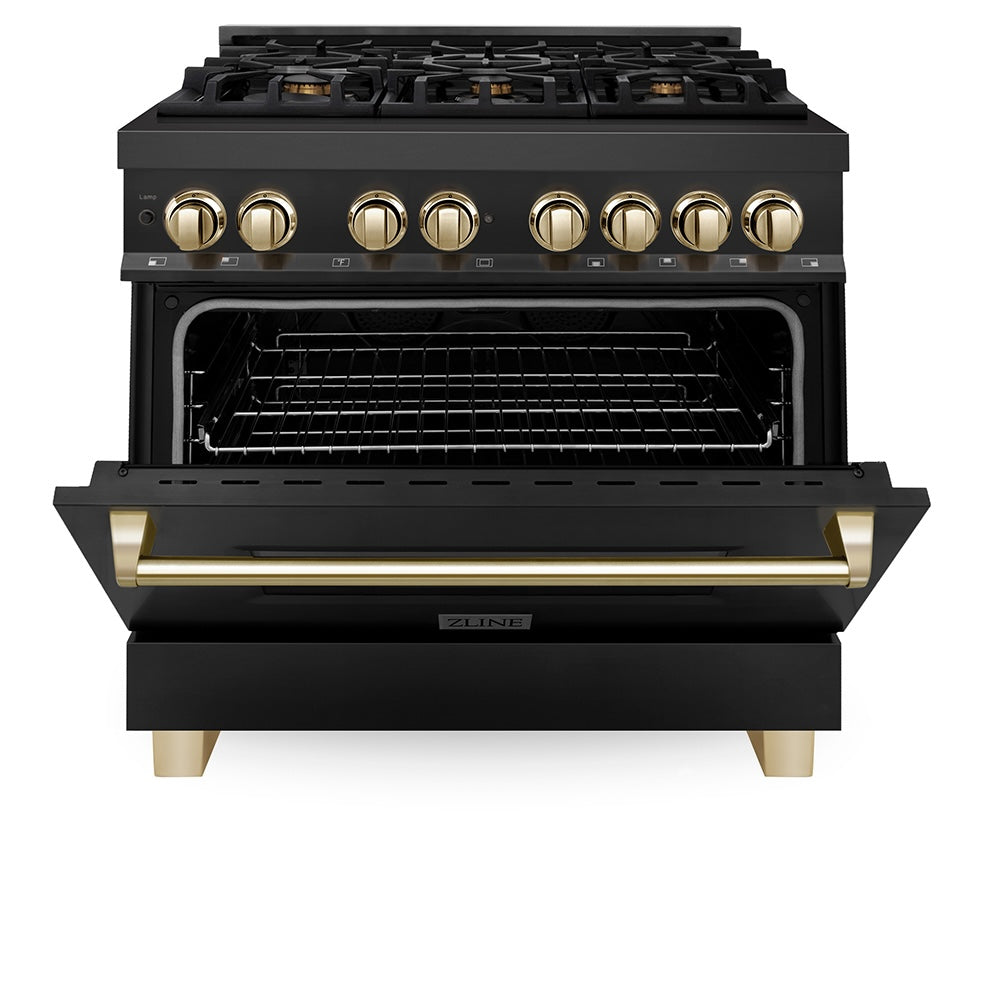 ZLINE Autograph Edition 36 in. 4.6 cu. ft. Legacy Dual Fuel Range with 6 Burner Gas Cooktop and Electric Convection Oven in Black Stainless Steel and Polished Gold Accents (RABZ-36-G) front, oven half open.