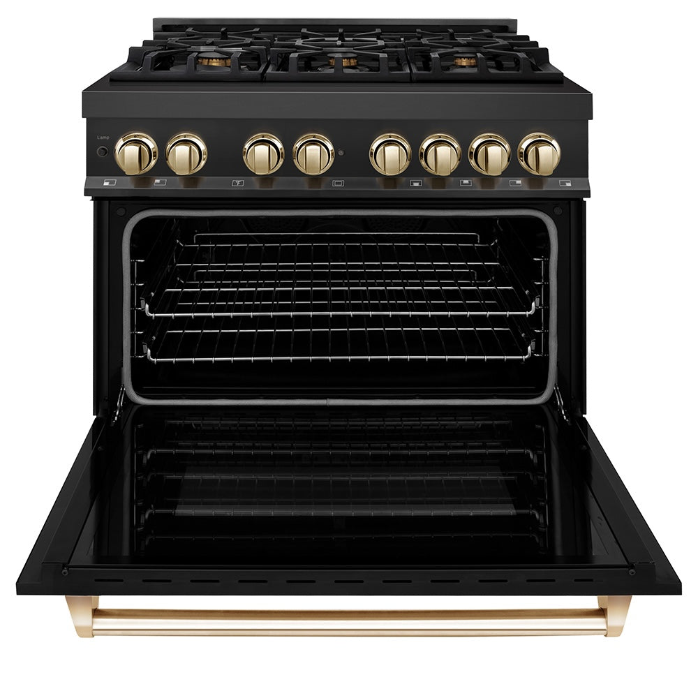 ZLINE Autograph Edition 36 in. 4.6 cu. ft. Legacy Dual Fuel Range with 6 Burner Gas Cooktop and Electric Convection Oven in Black Stainless Steel and Polished Gold Accents (RABZ-36-G) front, oven open.