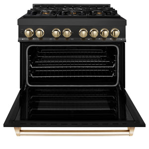 ZLINE Autograph Edition 36 in. 4.6 cu. ft. Legacy Dual Fuel Range with 6 Burner Gas Cooktop and Electric Convection Oven in Black Stainless Steel and Polished Gold Accents (RABZ-36-G) front, oven open.