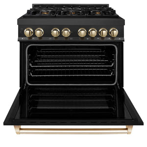 ZLINE Autograph Edition 36 in. 4.6 cu. ft. Legacy Dual Fuel Range with 6 Burner Gas Cooktop and Electric Convection Oven in Black Stainless Steel and Polished Gold Accents (RABZ-36-G) front, oven open.