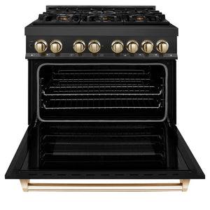 ZLINE Autograph Edition 36 in. 4.6 cu. ft. Legacy Dual Fuel Range with 6 Burner Gas Cooktop and Electric Convection Oven in Black Stainless Steel and Polished Gold Accents (RABZ-36-G) front, open.