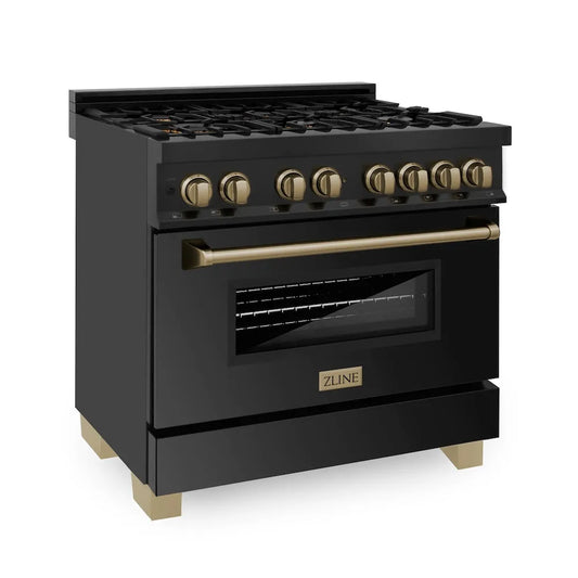 ZLINE Autograph Edition 36 in. 4.6 cu. ft. Legacy Dual Fuel Range with 6 Burner Gas Cooktop and Electric Convection Oven in Black Stainless Steel and Champagne Bronze Accents (RABZ-36-CB) main image.