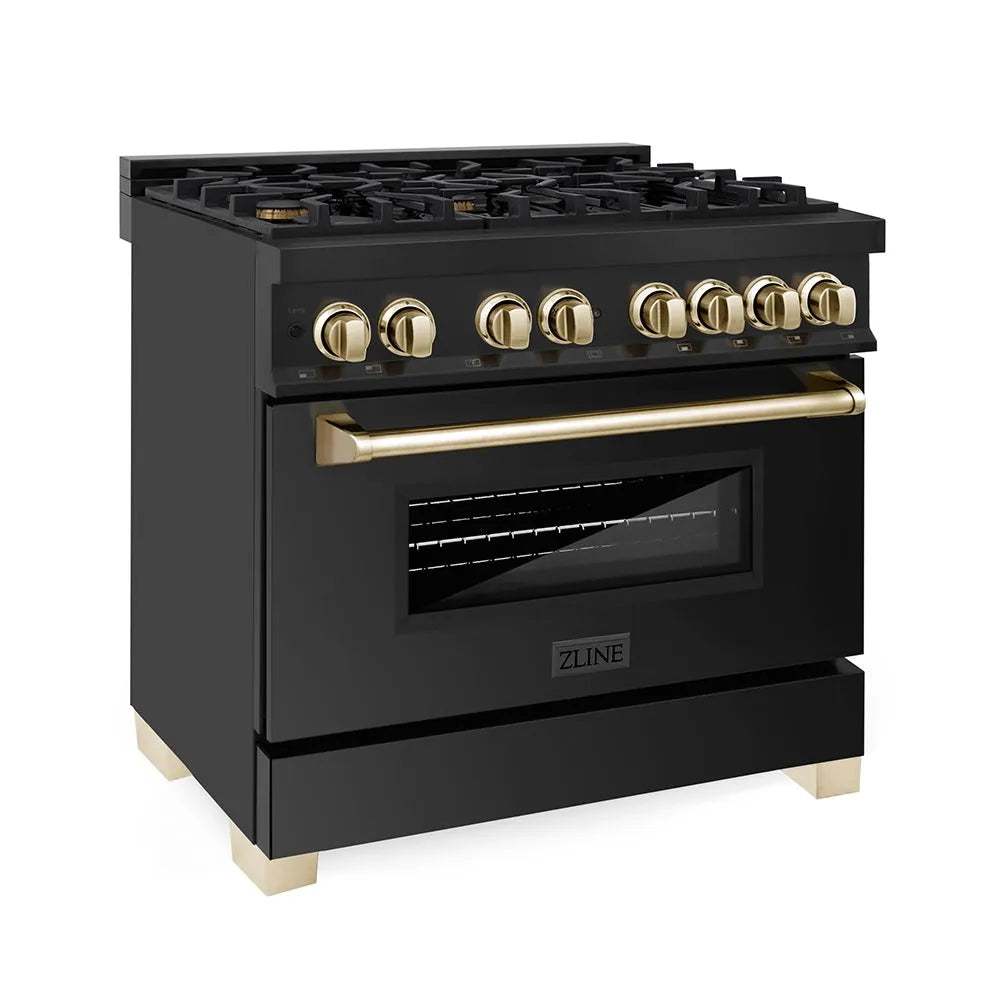 ZLINE Autograph Edition 36 in. 4.6 cu. ft. Legacy Dual Fuel Range with 6 Burner Gas Cooktop and Electric Convection Oven in Black Stainless Steel and Polished Gold Accents (RABZ-36-G) main image.