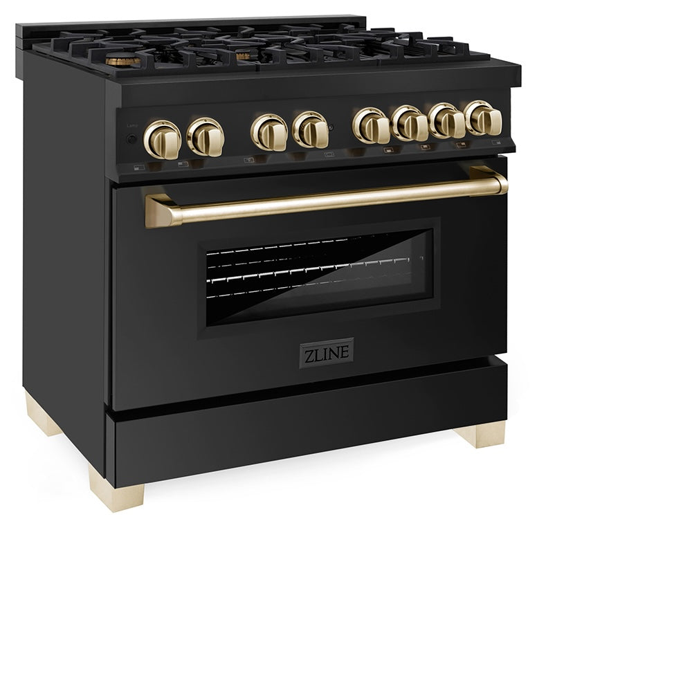 ZLINE Autograph Edition 36 in. 4.6 cu. ft. Legacy Dual Fuel Range with 6 Burner Gas Cooktop and Electric Convection Oven in Black Stainless Steel and Polished Gold Accents (RABZ-36-G) side.