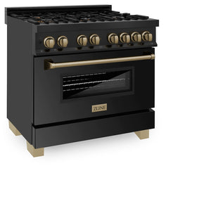 ZLINE Autograph Edition 36 in. 4.6 cu. ft. Legacy Dual Fuel Range with 6 Burner Gas Cooktop and Electric Convection Oven in Black Stainless Steel and Champagne Bronze Accents (RABZ-36-CB) side.