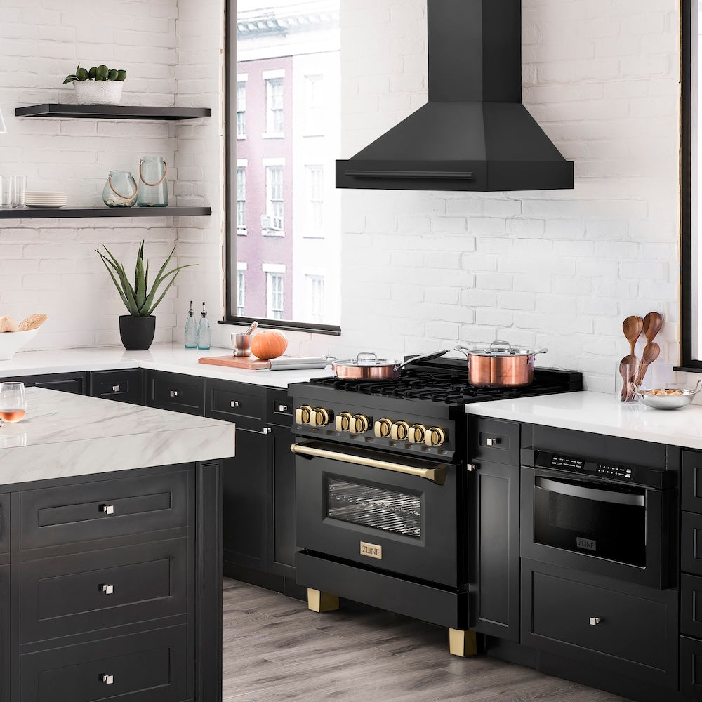 ZLINE 36 in. Black Stainless Steel Range Hood with Black Stainless Steel Handle (BS655-36-BS) in a luxury kitchen.