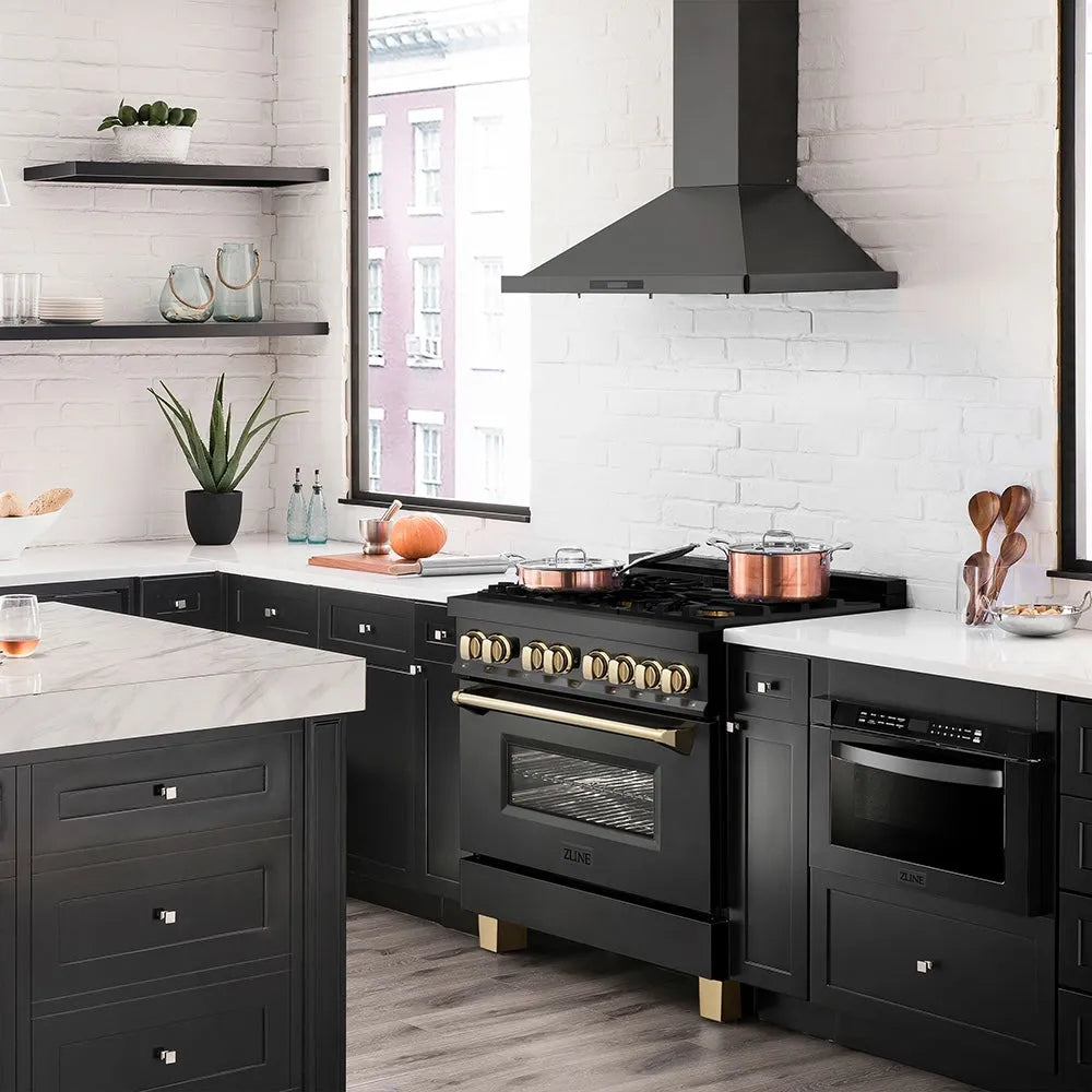 Modern kitchen with ZLINE Autograph Edition 36 in. 4.6 cu. ft. Legacy Dual Fuel Range with 6 Burner Gas Cooktop and Electric Convection Oven in Black Stainless Steel and Polished Gold Accents (RABZ-36-G) and white countertops