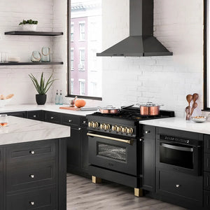 Modern kitchen with ZLINE Autograph Edition 36 in. 4.6 cu. ft. Legacy Dual Fuel Range with 6 Burner Gas Cooktop and Electric Convection Oven in Black Stainless Steel and Polished Gold Accents (RABZ-36-G) and white countertops