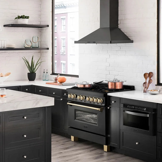 Modern kitchen with ZLINE Autograph Edition 36 in. 4.6 cu. ft. Legacy Dual Fuel Range with 6 Burner Gas Cooktop and Electric Convection Oven in Black Stainless Steel and Polished Gold Accents (RABZ-36-G) and white countertops