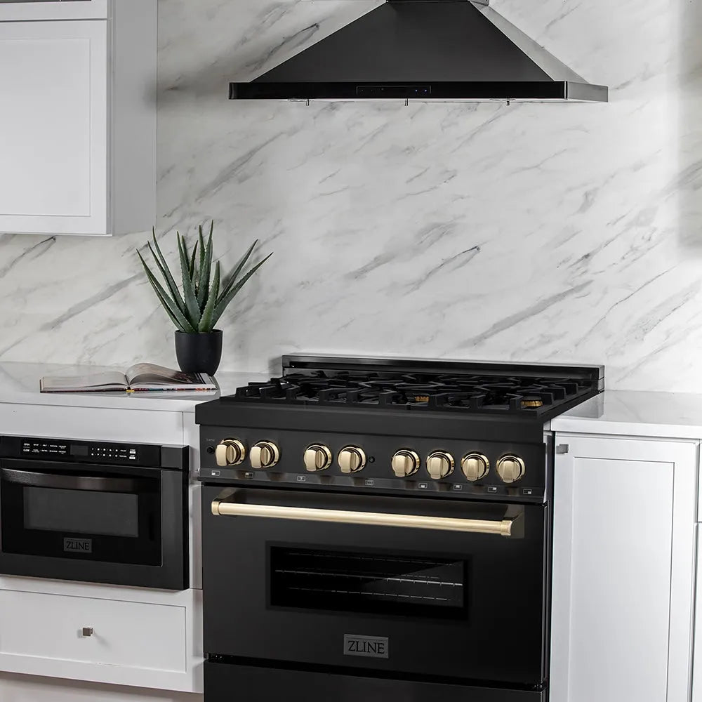 ZLINE Autograph Edition 36 in. 4.6 cu. ft. Legacy Dual Fuel Range with 6 Burner Gas Cooktop and Electric Convection Oven in Black Stainless Steel and Polished Gold Accents (RABZ-36-G) in a modern kitchen with marble backsplash