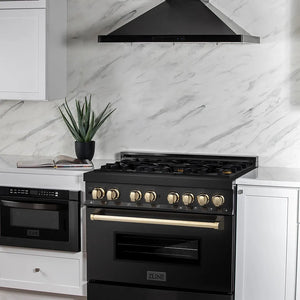 ZLINE Autograph Edition 36 in. 4.6 cu. ft. Legacy Dual Fuel Range with 6 Burner Gas Cooktop and Electric Convection Oven in Black Stainless Steel and Polished Gold Accents (RABZ-36-G) in a modern kitchen with marble backsplash