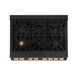 ZLINE Autograph Edition 36 in. 4.6 cu. ft. Dual Fuel Range with Gas Stove and Electric Oven in Black Stainless Steel with Polished Gold Accents (RABZ-36-G) above, six-burner gas cooktop with brass burners.